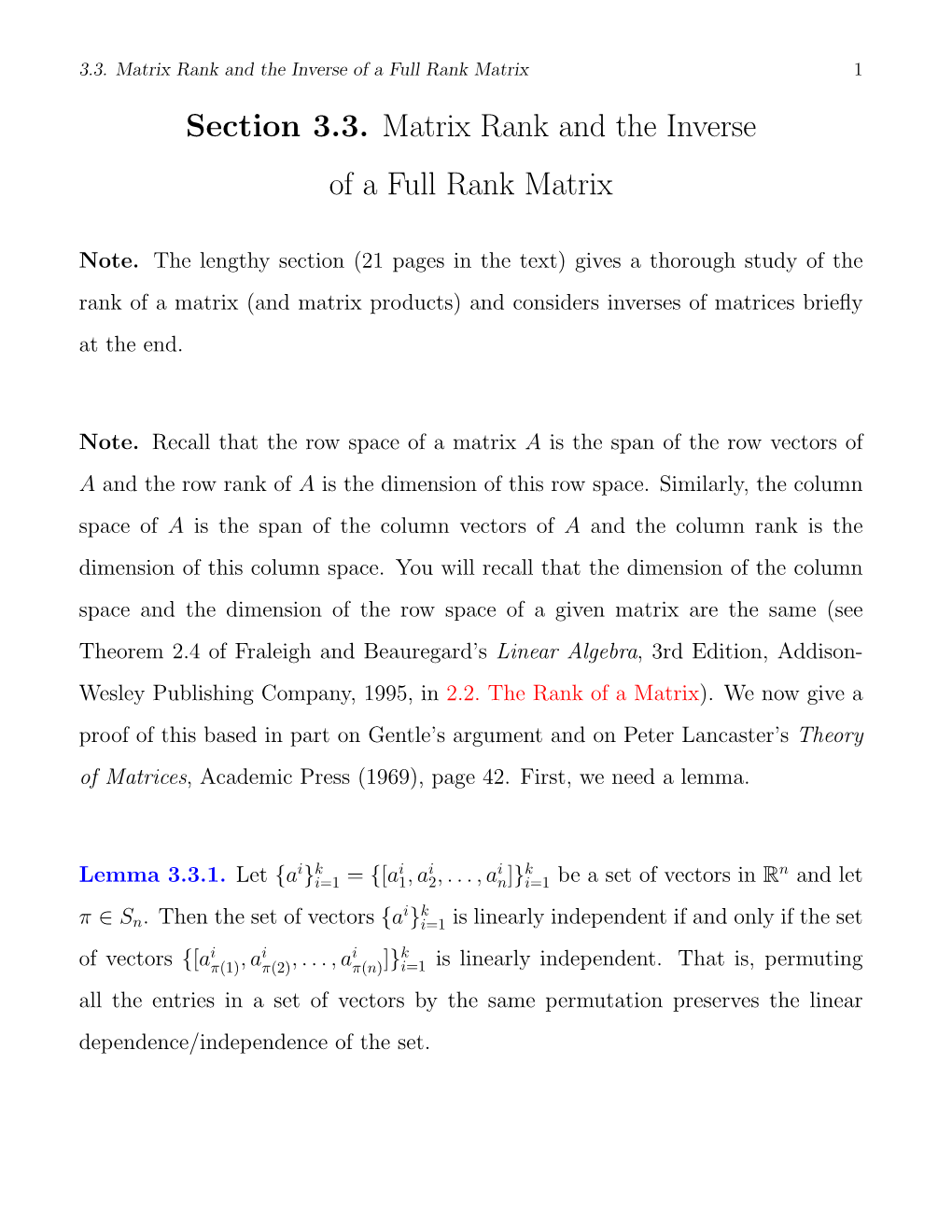 Section 3.3. Matrix Rank and the Inverse of a Full Rank Matrix