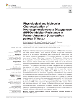 HPPD)-Inhibitor Resistance in Palmer Amaranth (Amaranthus Palmeri S.Wats.)