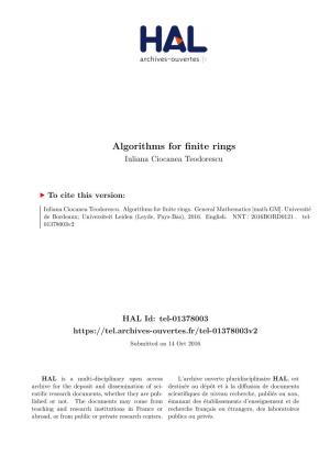 Algorithms for Finite Rings Iuliana Ciocanea Teodorescu