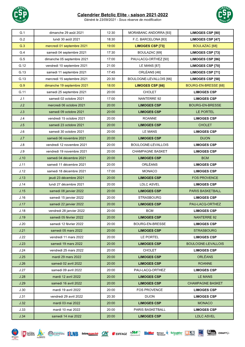 Calendrier Betclic Elite - Saison 2021-2022 Généré Le 23/09/2021 - Sous Réserve De Modification