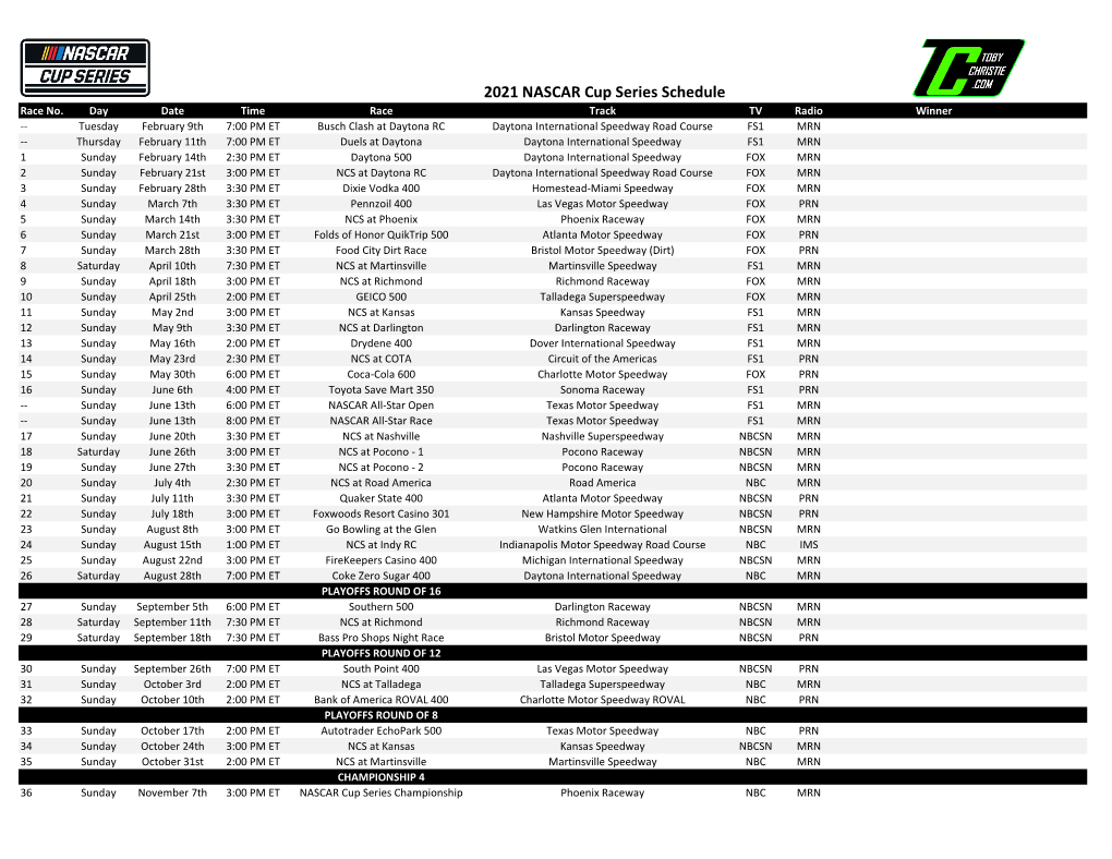 If You Would Like a Printable 2021 NASCAR Cup Series Schedule