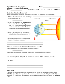 Earth-Sun Relations Homework Solar Angle