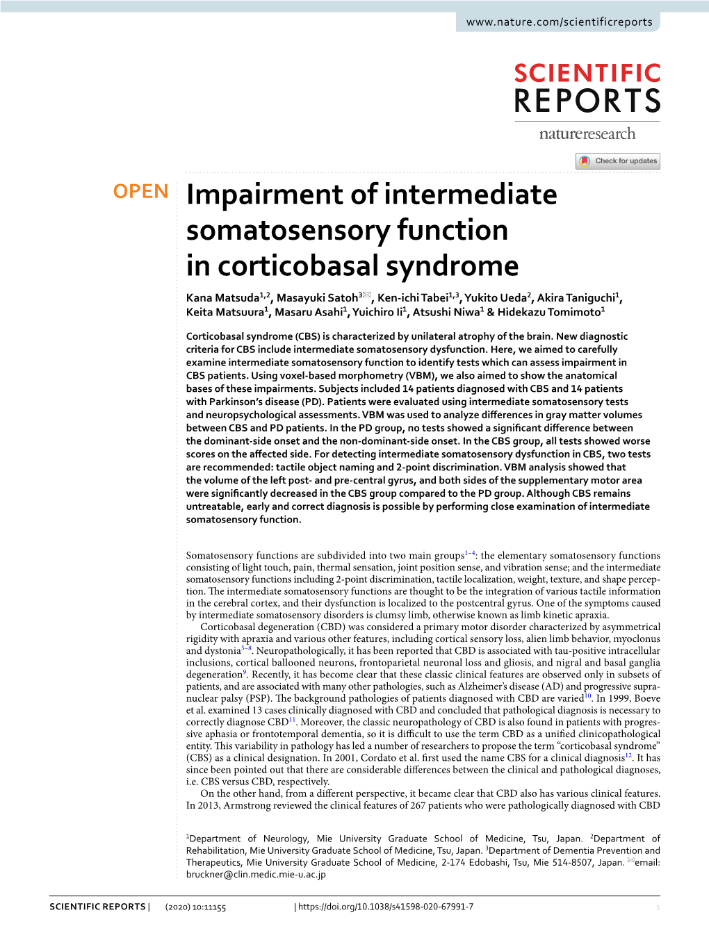 Impairment of Intermediate Somatosensory Function In