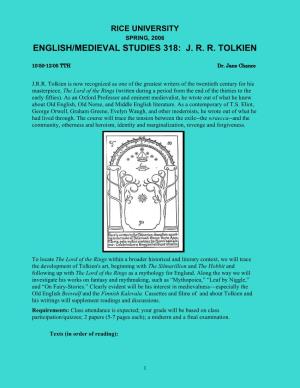 English/Medieval Studies 318: Jrr Tolkien