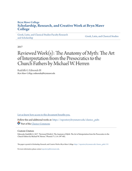 Reviewed Work(S): the Anatomy of Myth: the Art of Interpretation from the Presocratics to the Church Fathers by Michael W