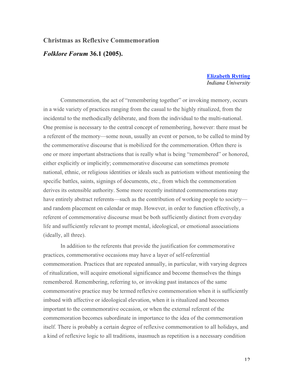 Christmas As Reflexive Commemoration Folklore Forum 36.1 (2005)