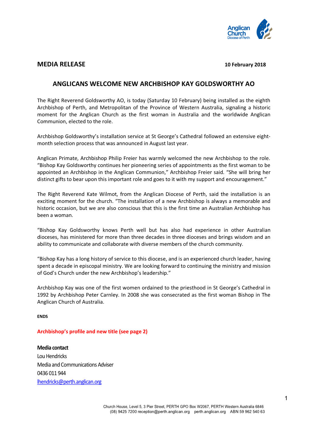 Archbishop of Perth Installation MEDIA RELEASE