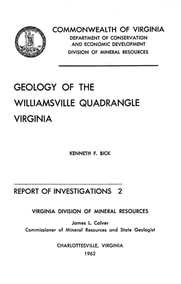 Geology of the Williamsville Quadrangle Virginia