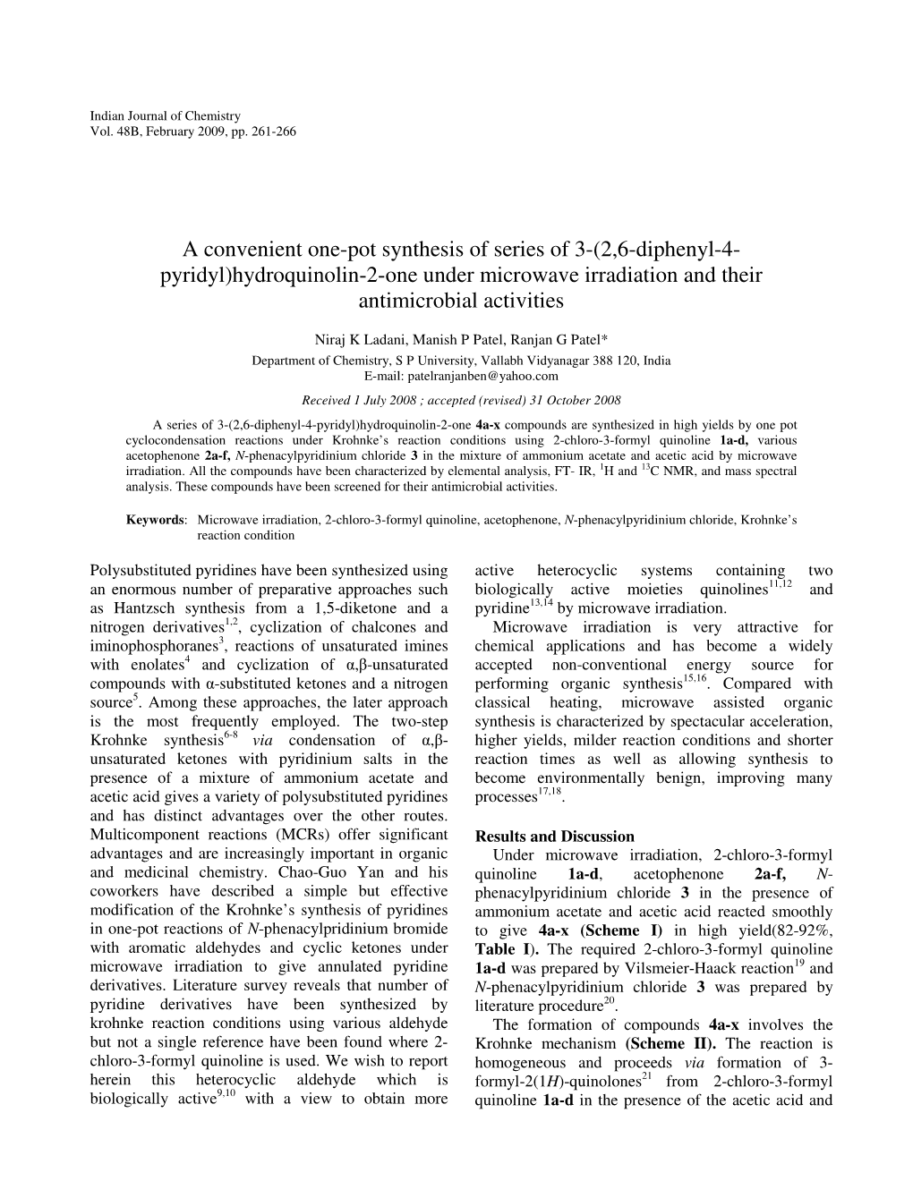 A Convenient One-Pot Synthesis of Series of 3-(2,6-Diphenyl-4- Pyridyl)Hydroquinolin-2-One Under Microwave Irradiation and Their Antimicrobial Activities