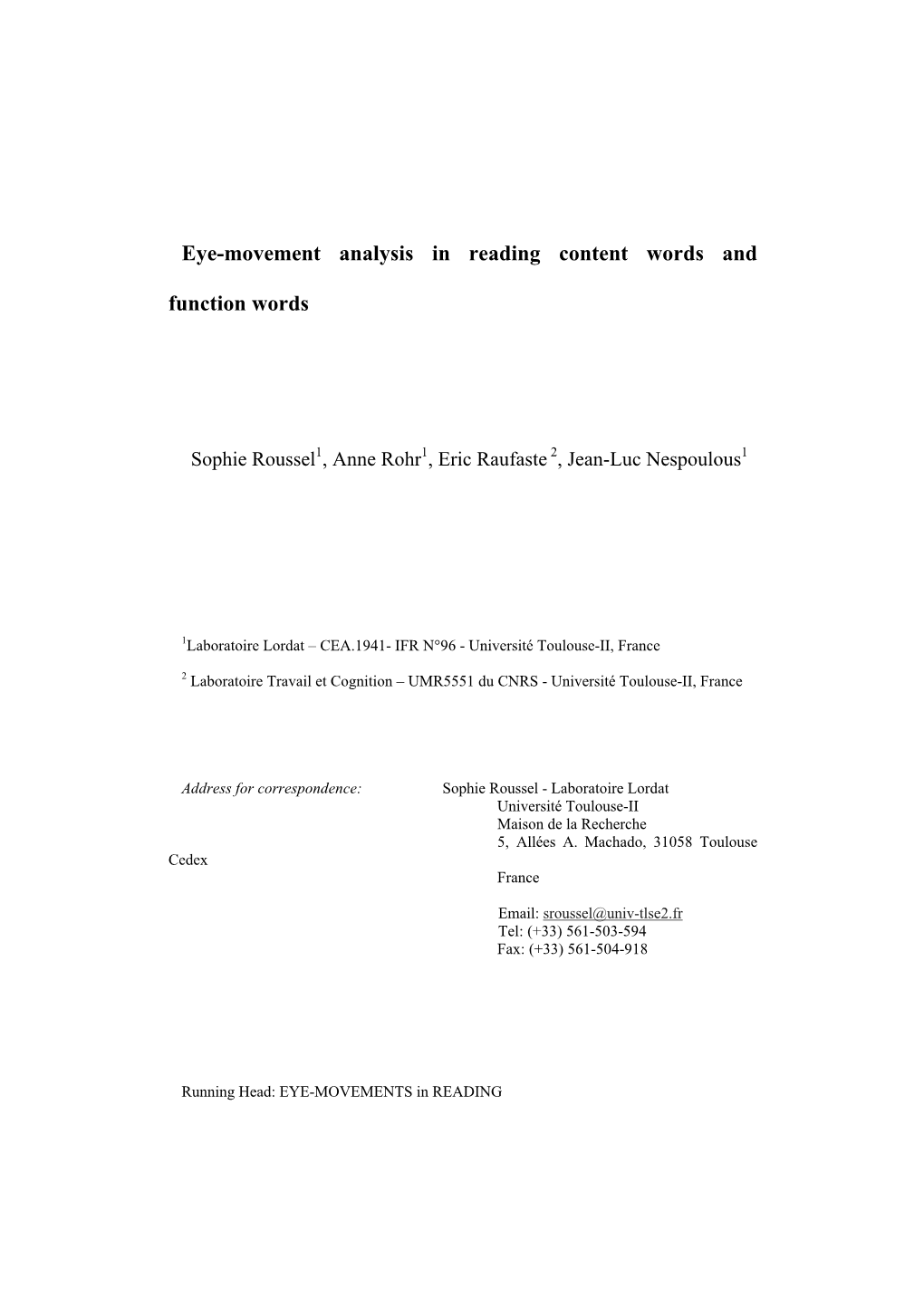 Eye-Movement Analysis in Reading Content Words and Function Words