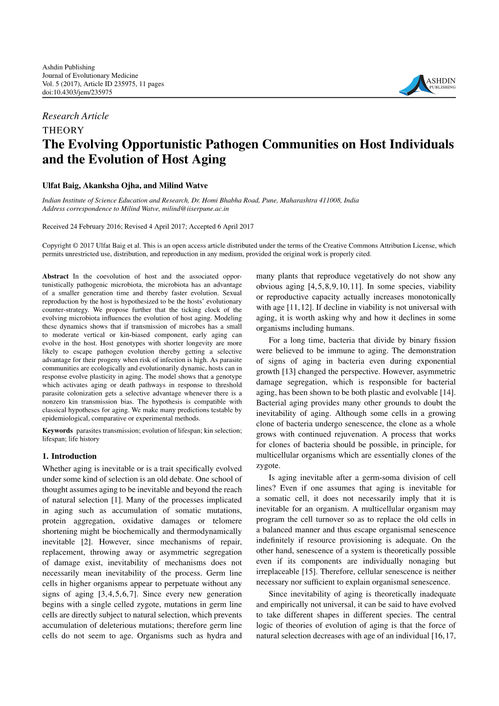 The Evolving Opportunistic Pathogen Communities on Host Individuals and the Evolution of Host Aging
