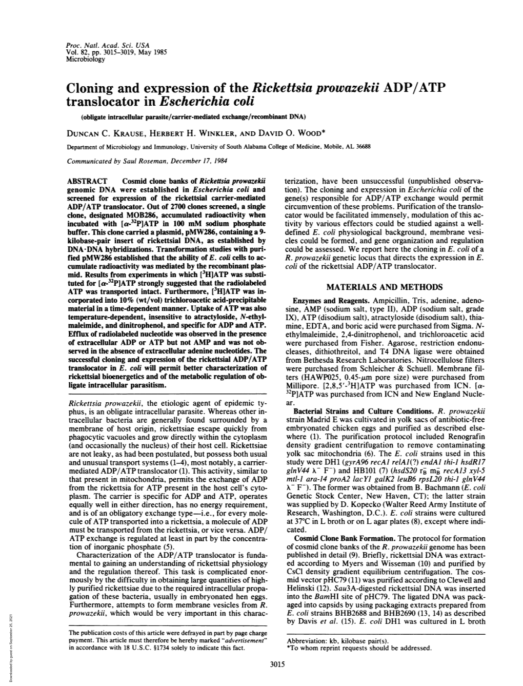 Cloning and Expression of the Rickettsia Prowazekii ADP