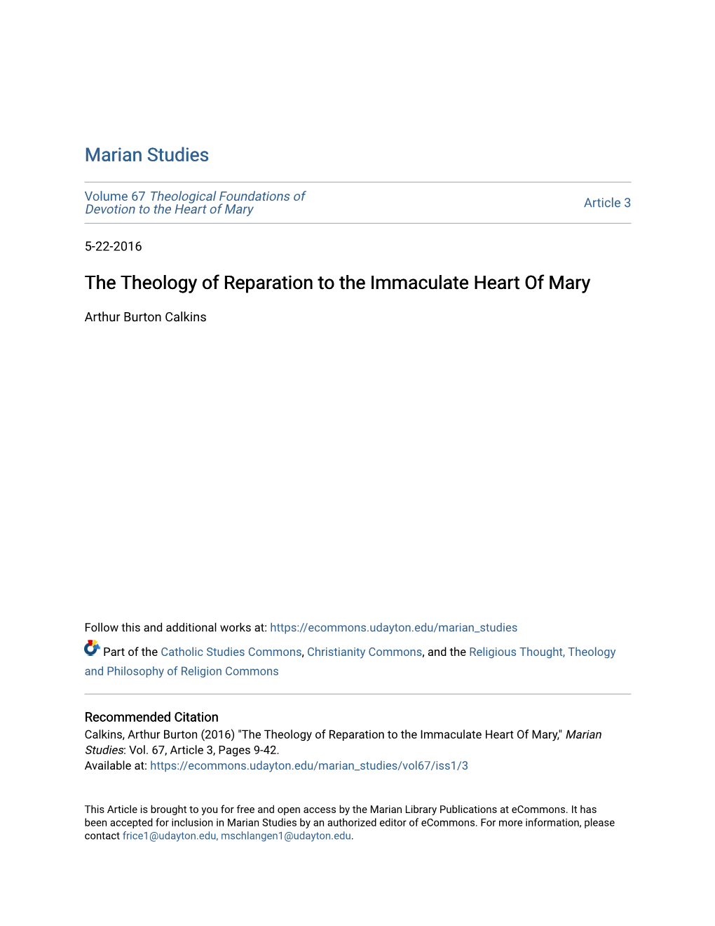 Marian Studies the Theology of Reparation to the Immaculate Heart