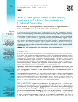 Use of Saffron Against Dementia and Memory Impairment in Traditional Persian Medicine: a Historical Perspective