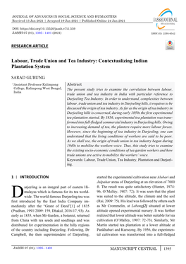 Labour, Trade Union and Tea Industry: Contextualizing Indian Plantation System