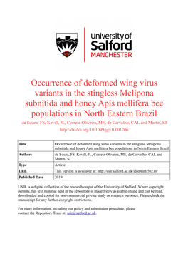 Occurrence of Deformed Wing Virus Variants in the Stingless Melipona Subnitida and Honey Apis Mellifera Bee P
