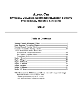 ALPHA CHI NATIONAL COLLEGE HONOR SCHOLARSHIP SOCIETY Proceedings, Minutes & Reports