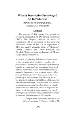 What Is Descriptive Psychology? an Introduction Raymond M