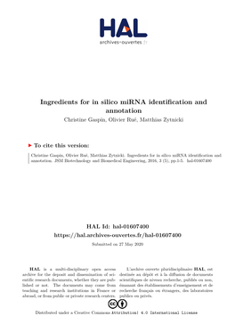 Ingredients for in Silico Mirna Identification and Annotation Christine Gaspin, Olivier Rué, Matthias Zytnicki