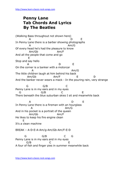 Penny Lane Tab Chords and Lyrics by the Beatles