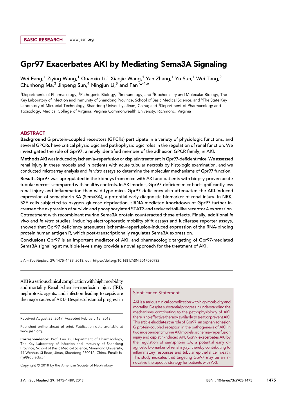 Gpr97 Exacerbates AKI by Mediating Sema3a Signaling