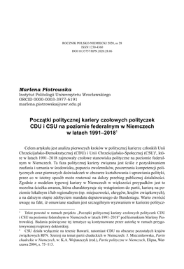 Początki Politycznej Kariery Czołowych Polityczek CDU I CSU Na Poziomie Federalnym W Niemczech W Latach 1991–20181