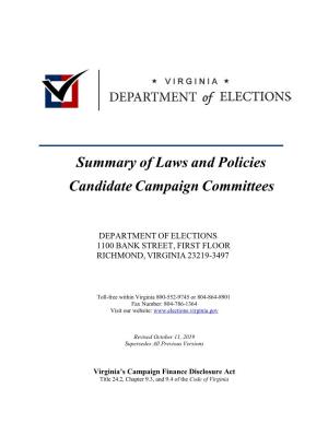 Summary of Laws and Policies Candidate Campaign Committees