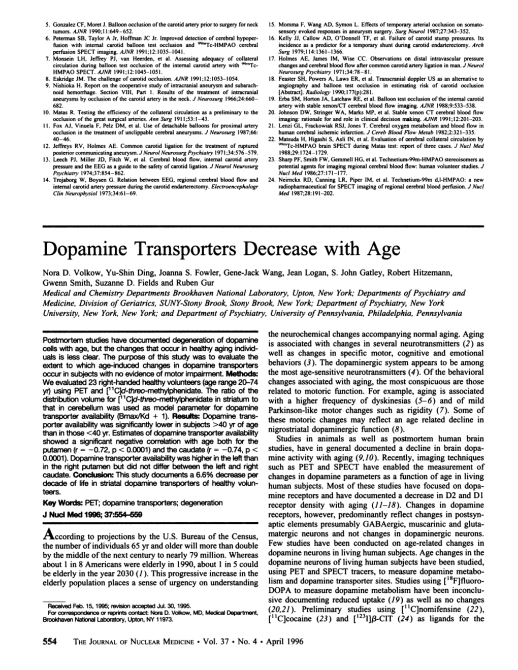 Dopamine Transporters Decrease with Age
