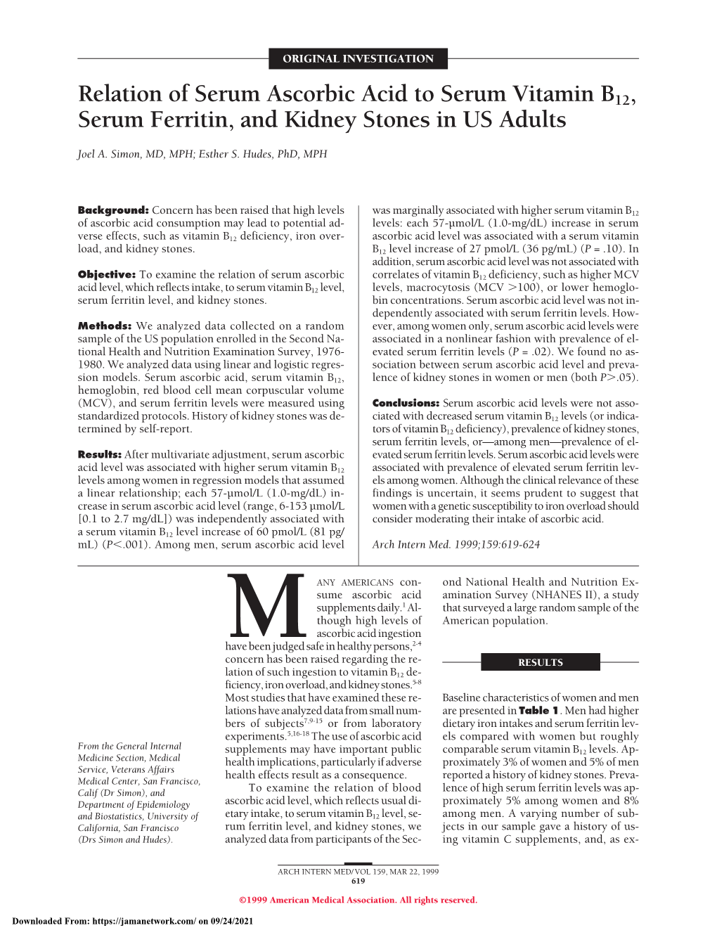 Relation of Serum Ascorbic Acid to Serum Vitamin B12, Serum Ferritin, and Kidney Stones in US Adults