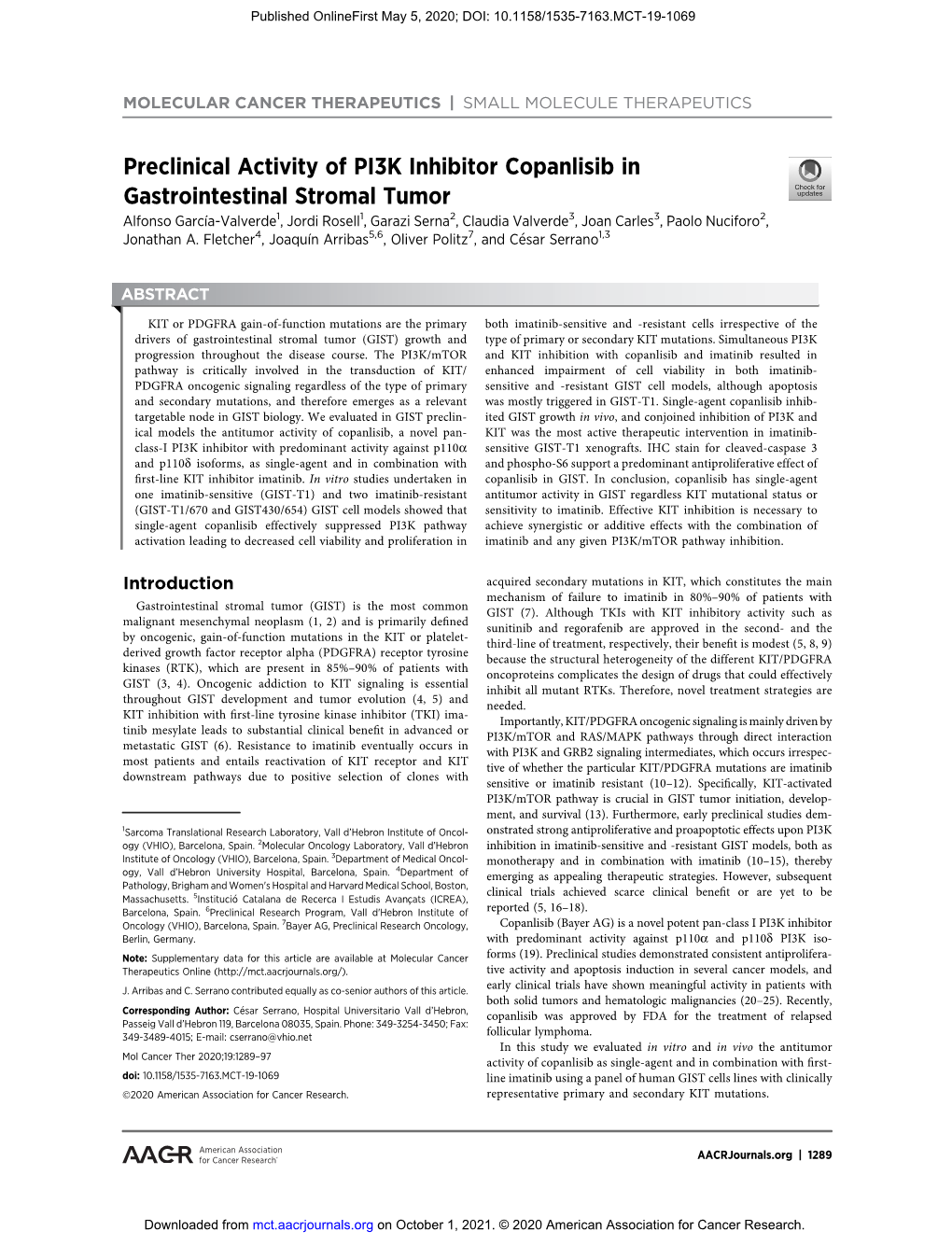 Preclinical Activity of PI3K Inhibitor Copanlisib in Gastrointestinal