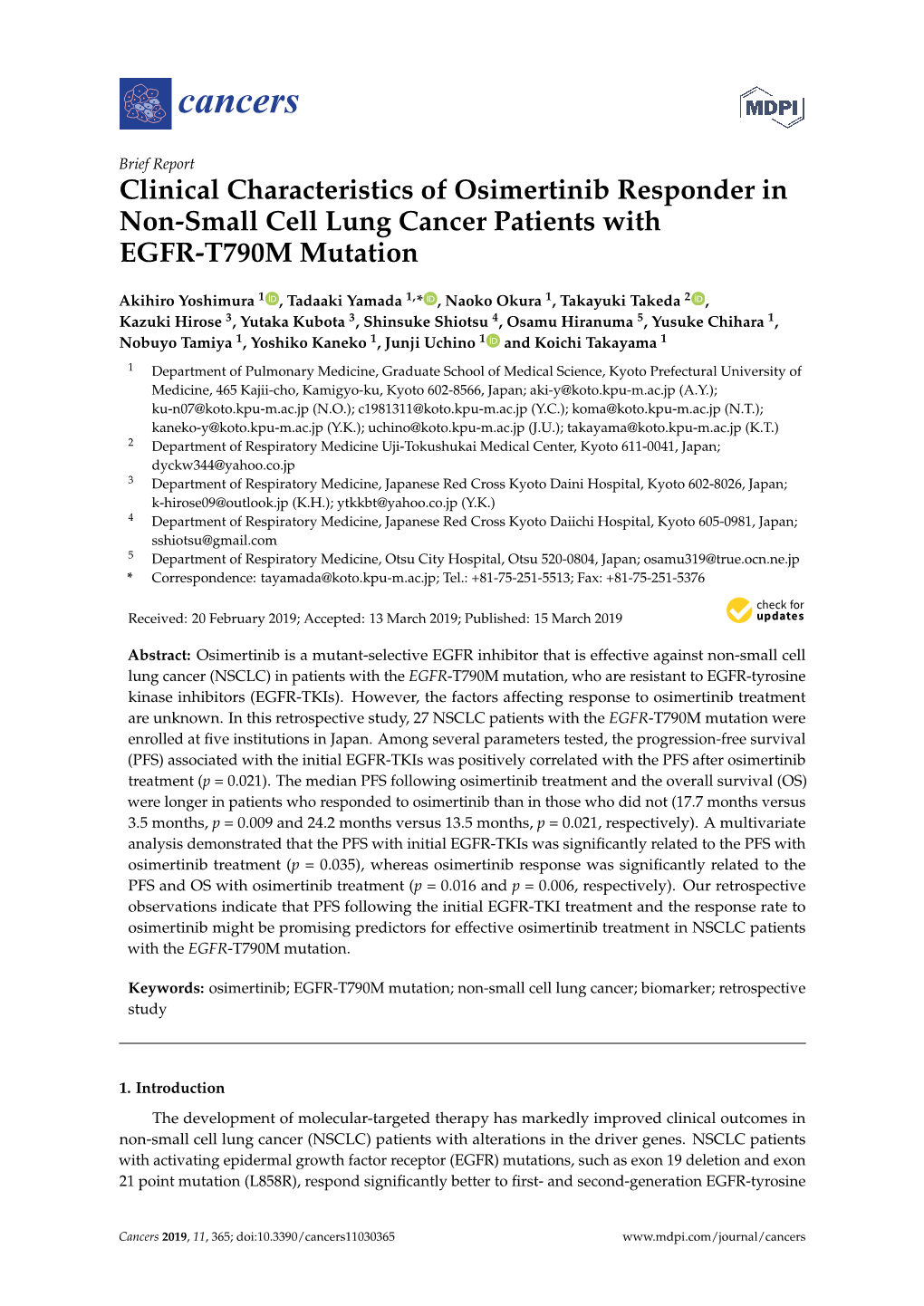 Clinical Characteristics of Osimertinib Responder in Non-Small Cell Lung Cancer Patients with EGFR-T790M Mutation