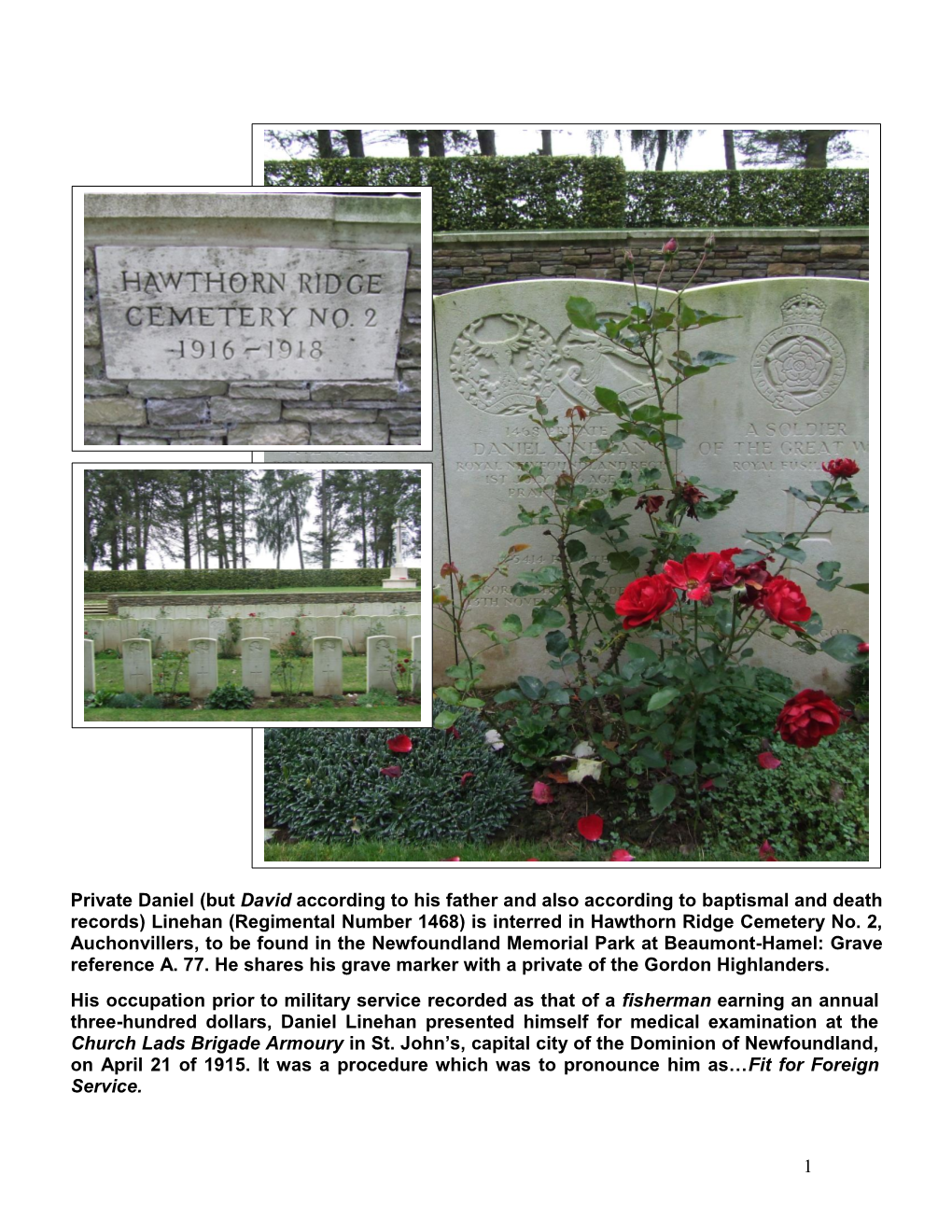 Linehan (Regimental Number 1468) Is Interred in Hawthorn Ridge Cemetery No