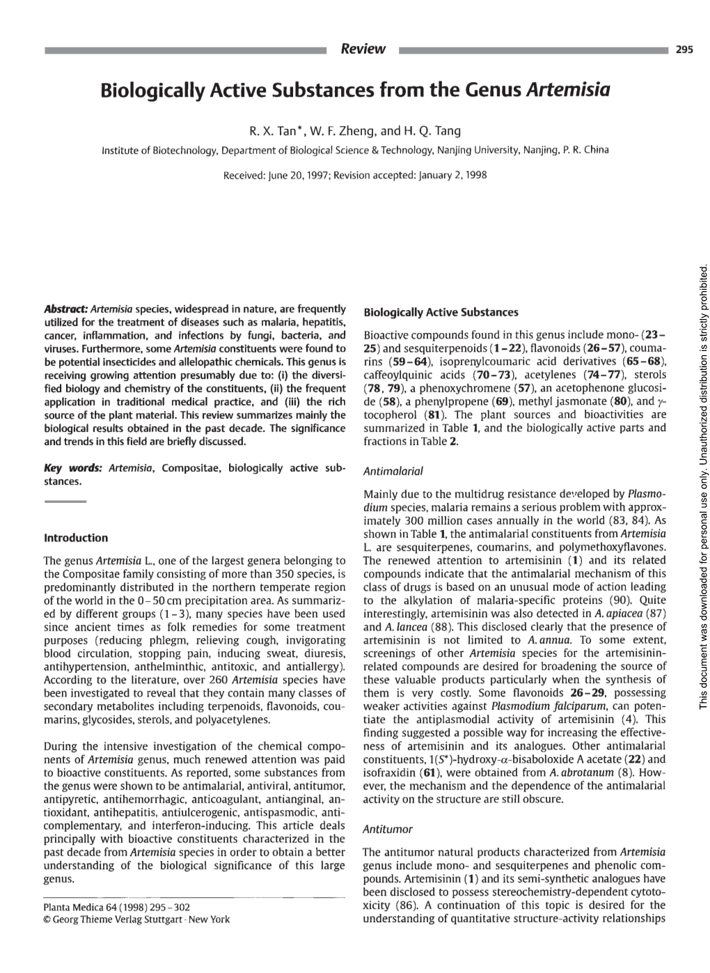 Biologically Active Substances from the Genus Artemisia Planta Med