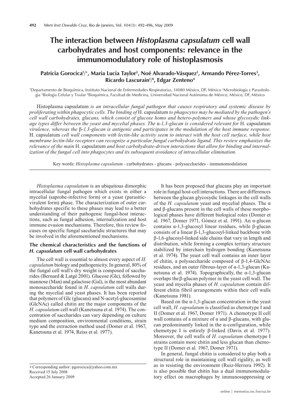 The Interaction Between Histoplasma Capsulatum Cell Wall Carbohydrates and Host Components: Relevance in the Immunomodulatory Role of Histoplasmosis