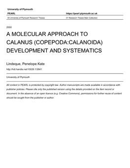 A Molecular Approach to Calanus (Copepoda:Calanoida) Development and Systematics