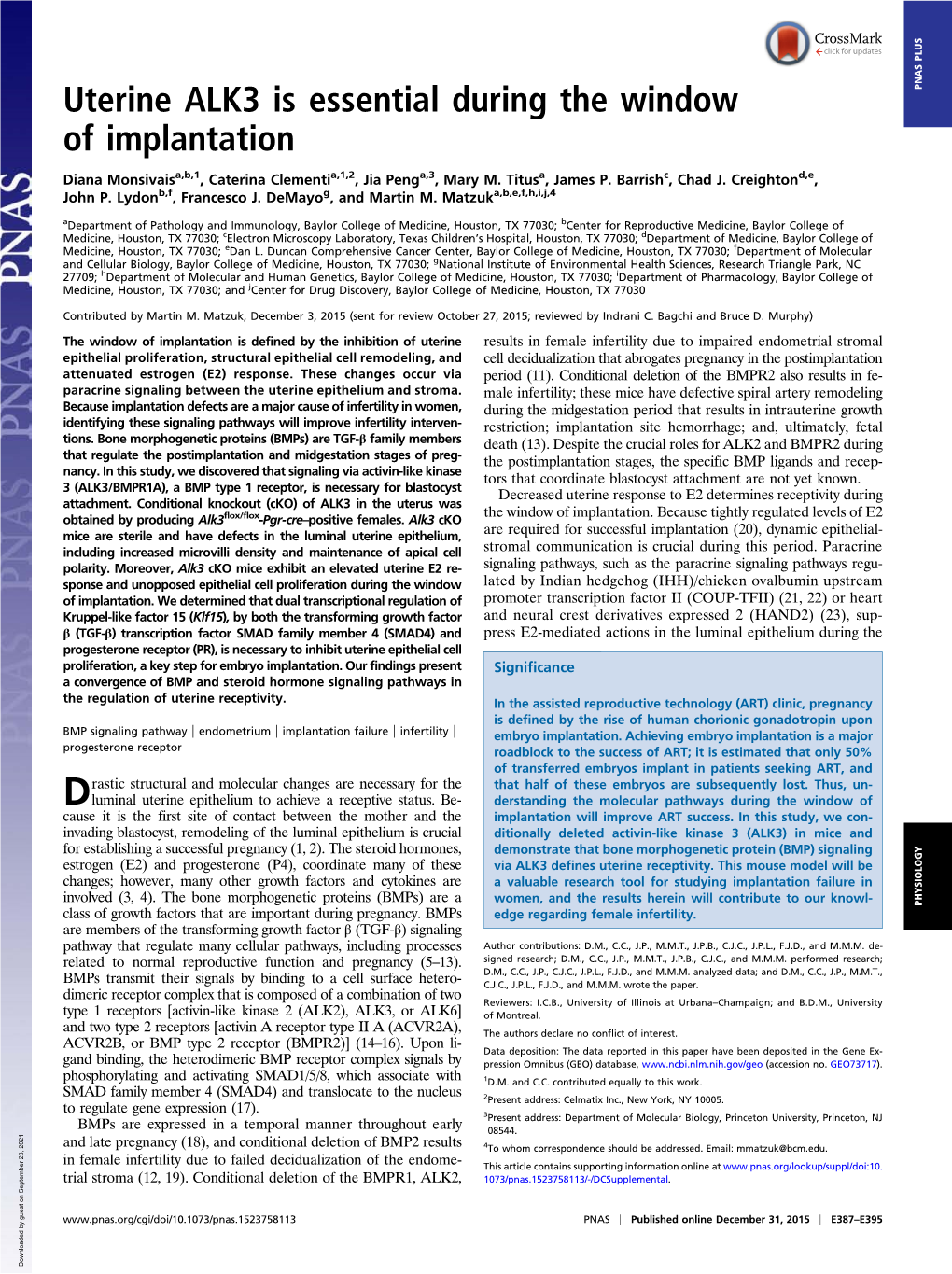 Uterine ALK3 Is Essential During the Window of Implantation