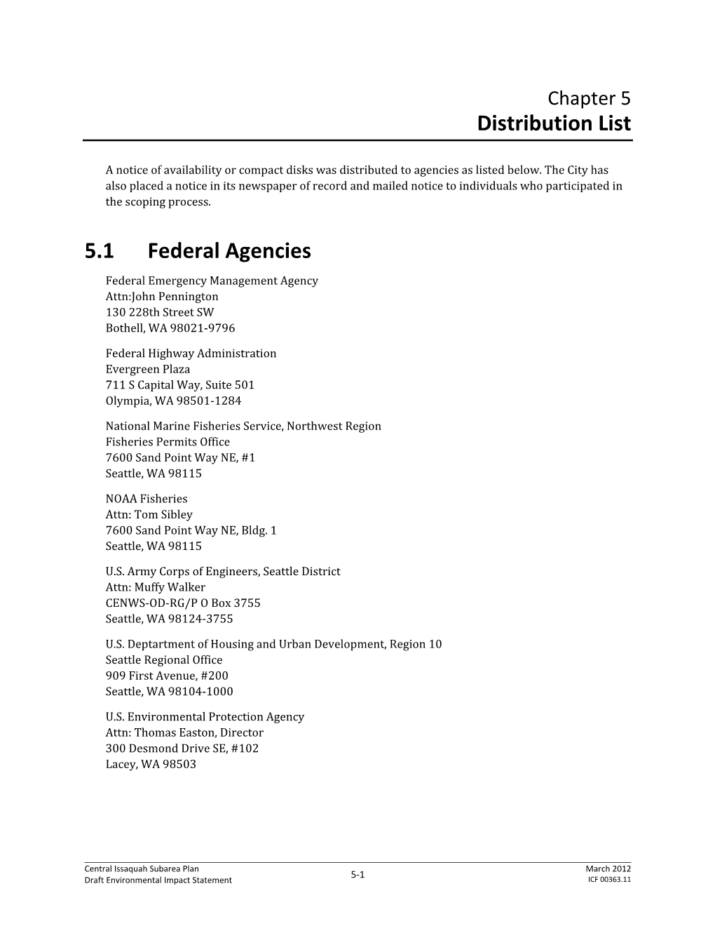 Distribution List 5.1 Federal Agencies