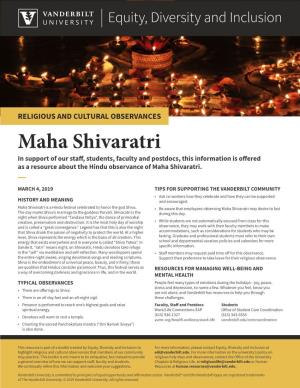 Maha Shivaratri in Support of Our Staff, Students, Faculty and Postdocs, This Information Is Offered As a Resource About the Hindu Observance of Maha Shivaratri