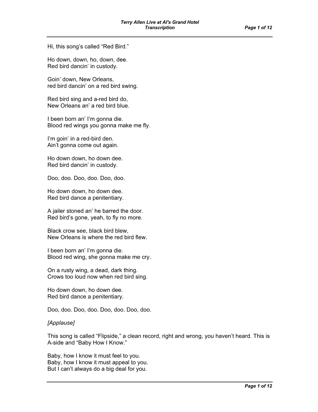 Terry Allen Live at Al's Grand Hotel Transcription Page 1 of 12 Page 1 of 12