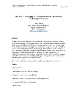 The Role of Philosophy As a Guide in Complex Scientific and Technological Processes, A