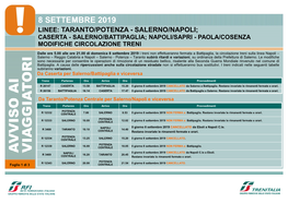 Salerno/Battipaglia; Napoli/Sapri - Paola/Cosenza Modifiche Circolazione Treni