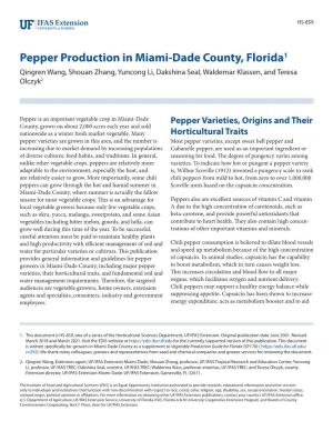 Pepper Production in Miami-Dade County, Florida1 Qingren Wang, Shouan Zhang, Yuncong Li, Dakshina Seal, Waldemar Klassen, and Teresa Olczyk2