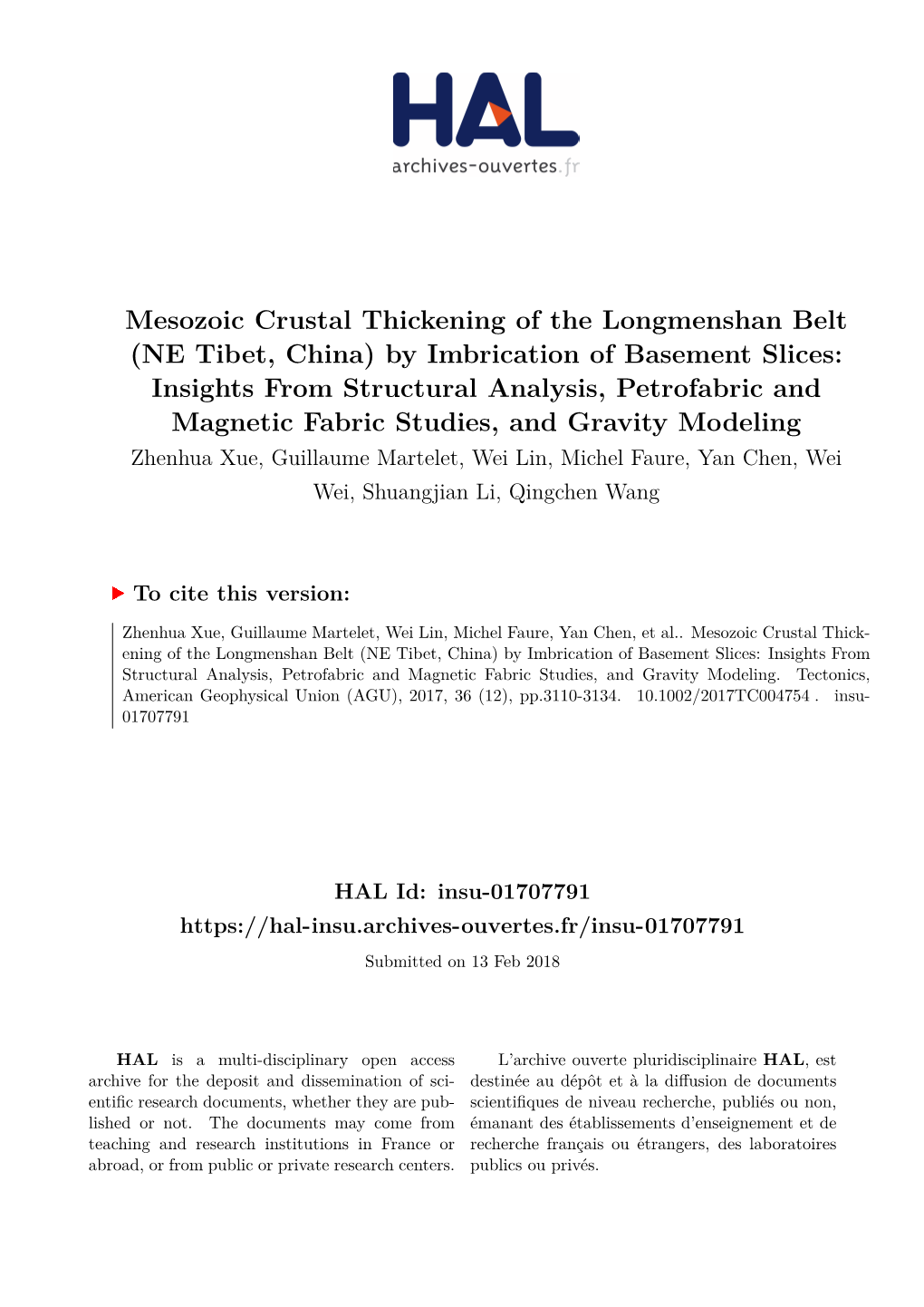 Mesozoic Crustal Thickening of the Longmenshan Belt (NE Tibet, China)