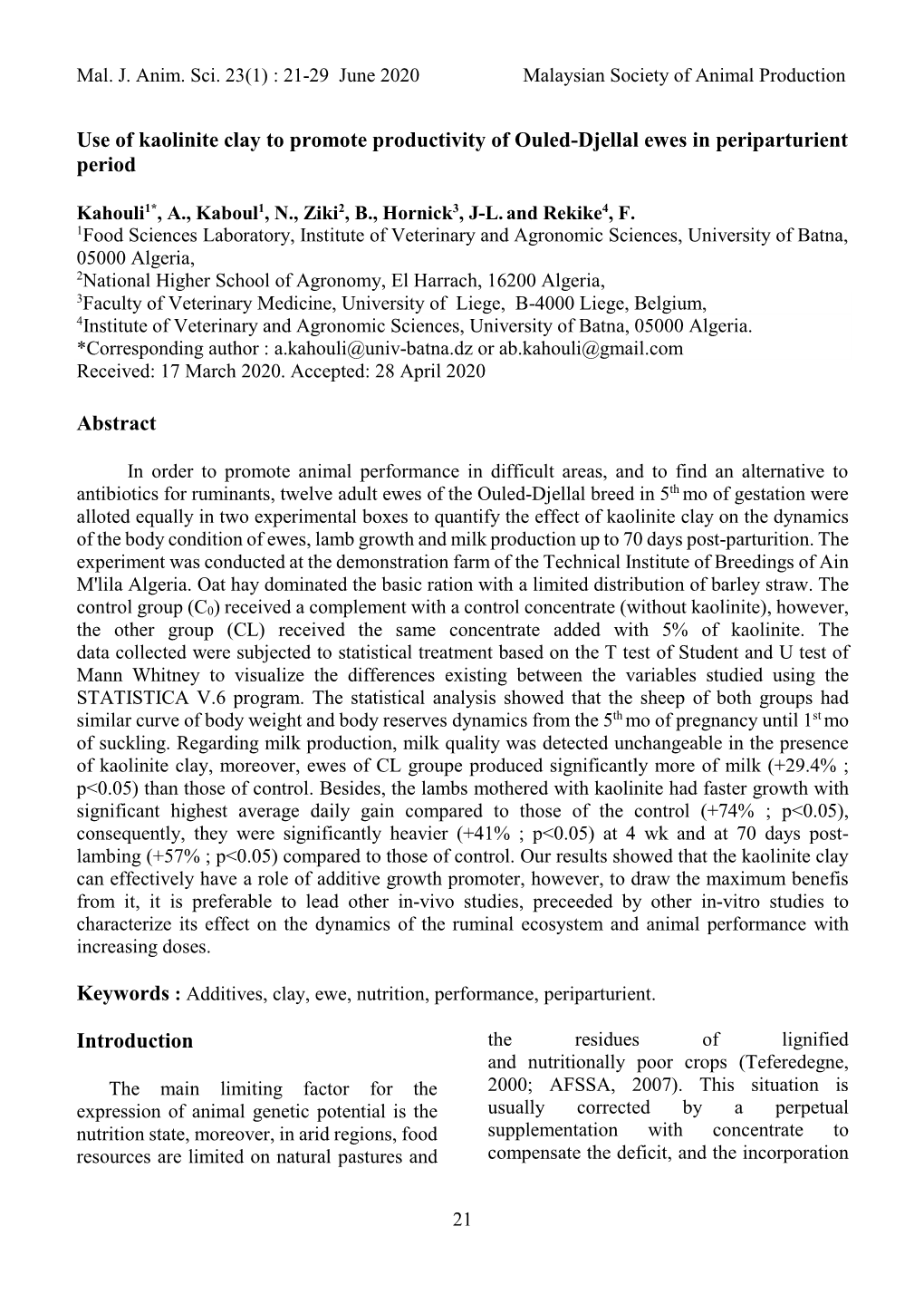 Use of Kaolinite Clay to Promote Productivity of Ouled-Djellal Ewes in Periparturient Period