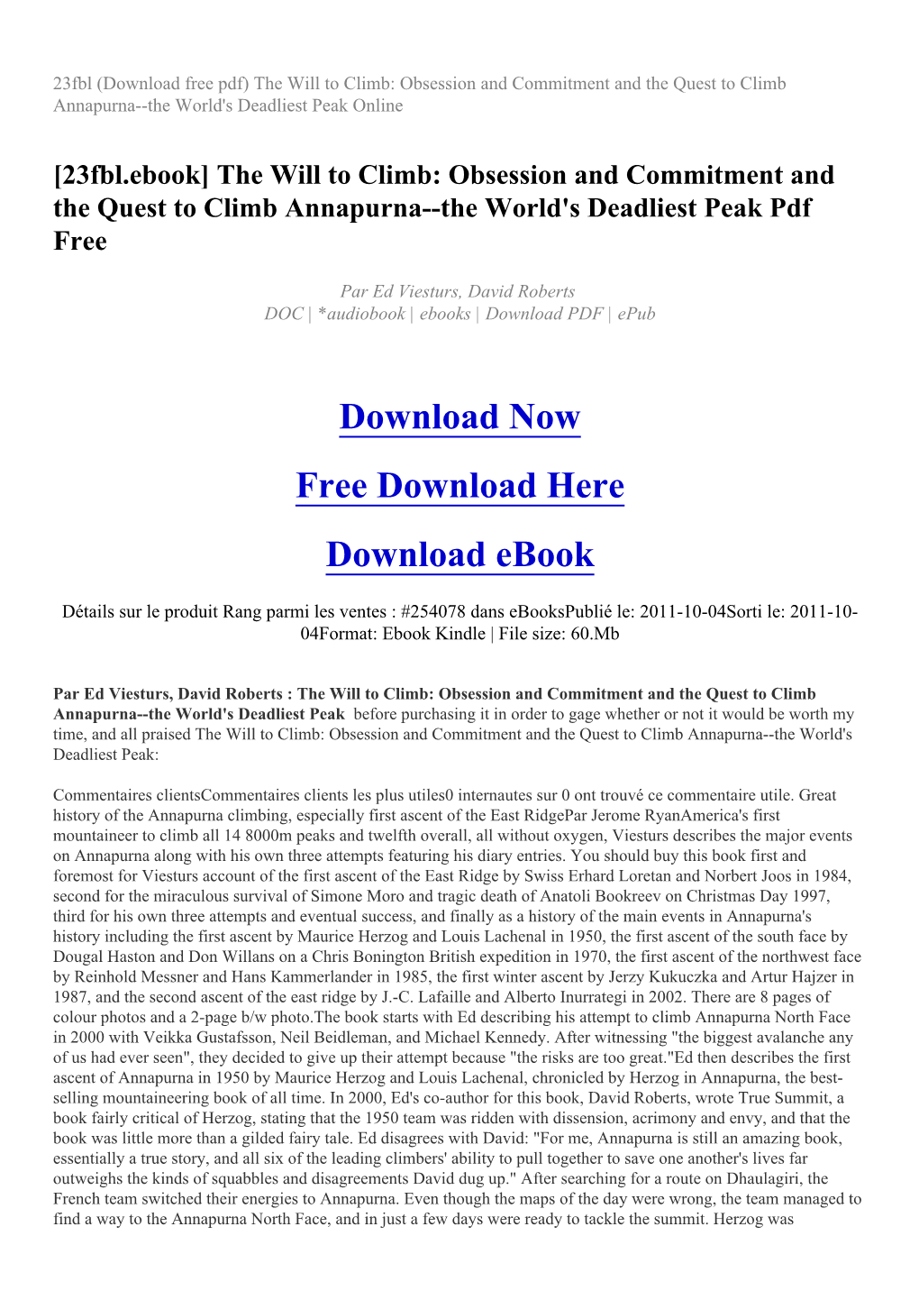 23Fbl (Download Free Pdf) the Will to Climb: Obsession and Commitment and the Quest to Climb Annapurna--The World's Deadliest Peak Online