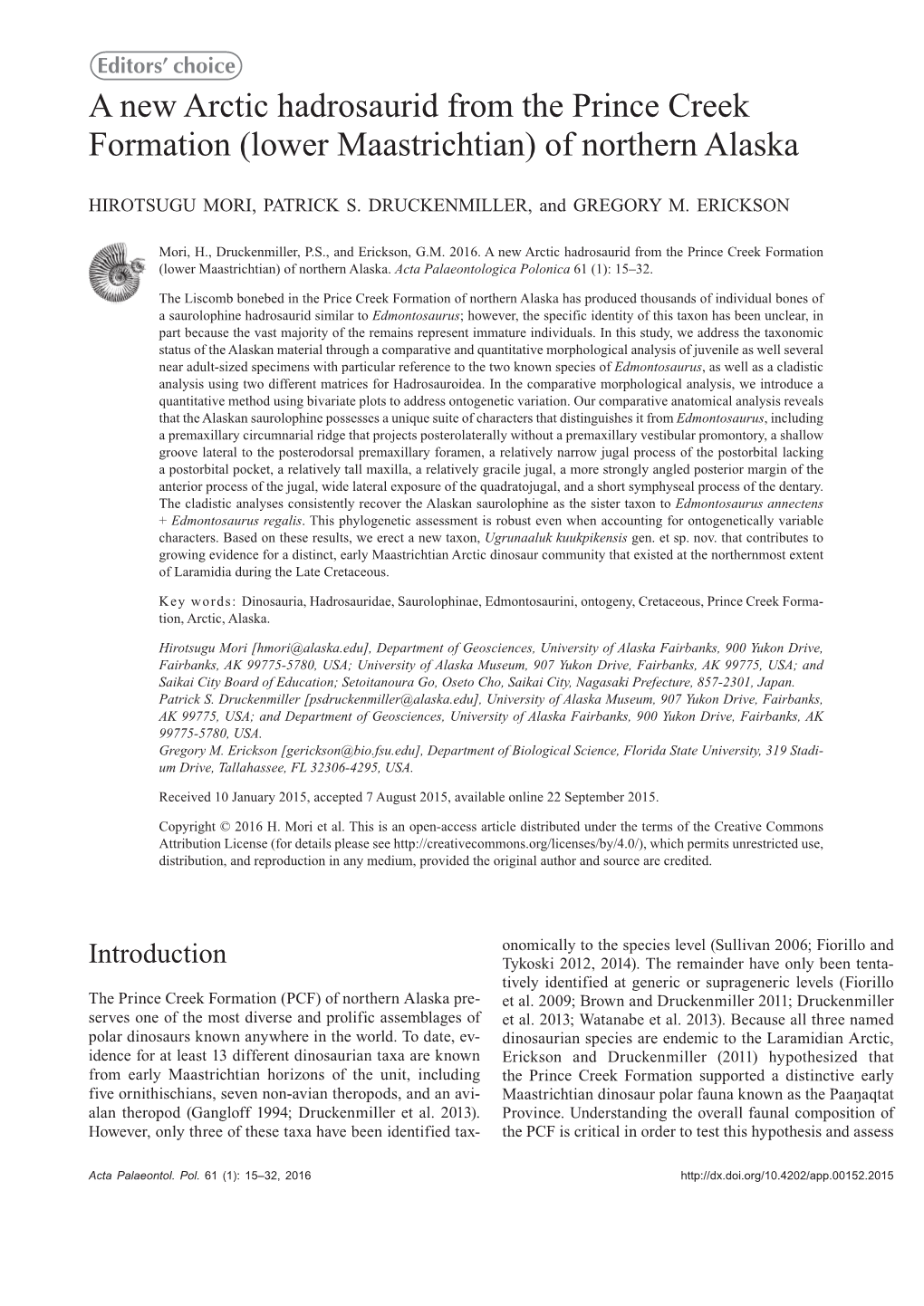 A New Arctic Hadrosaurid from the Prince Creek Formation (Lower Maastrichtian) of Northern Alaska