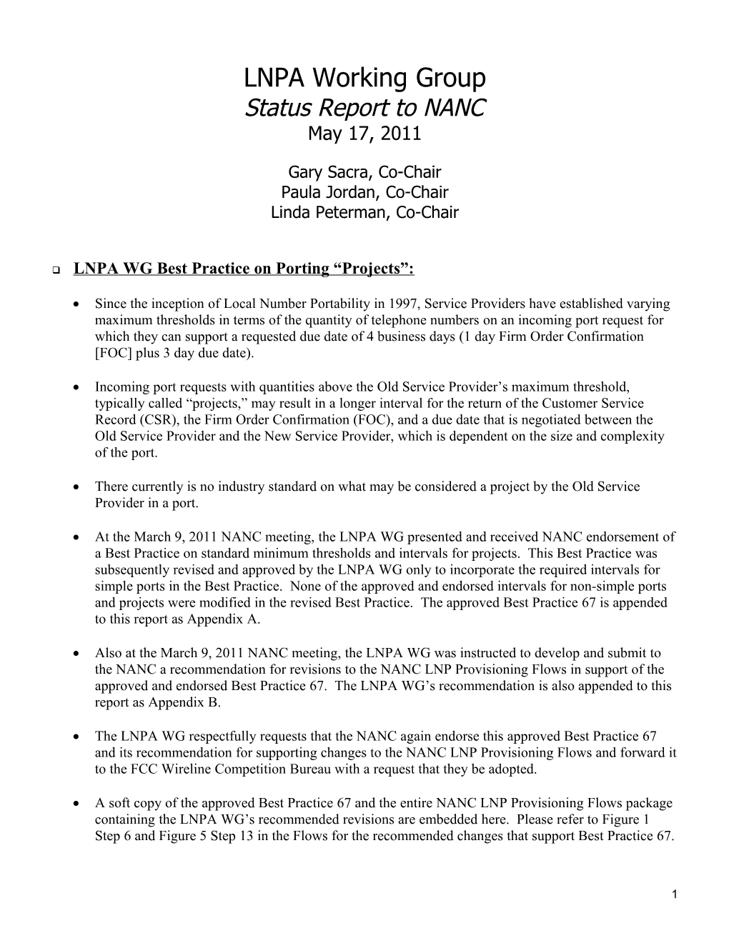 LNPA Working Group Status Report to NANC May 17, 2011