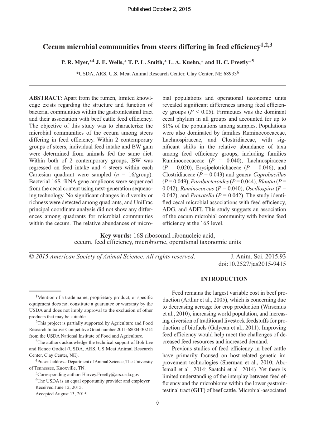 Cecum Microbial Communities from Steers Differing in Feed Efficiency1,2,3