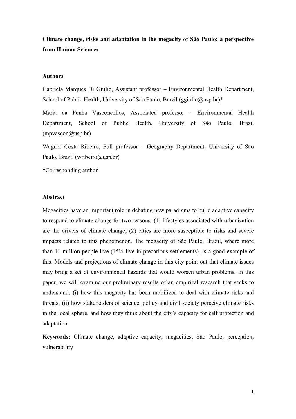 Digiulio Et Al. Climate Change, Risks and Adaptation in the Megacity of São Paulo