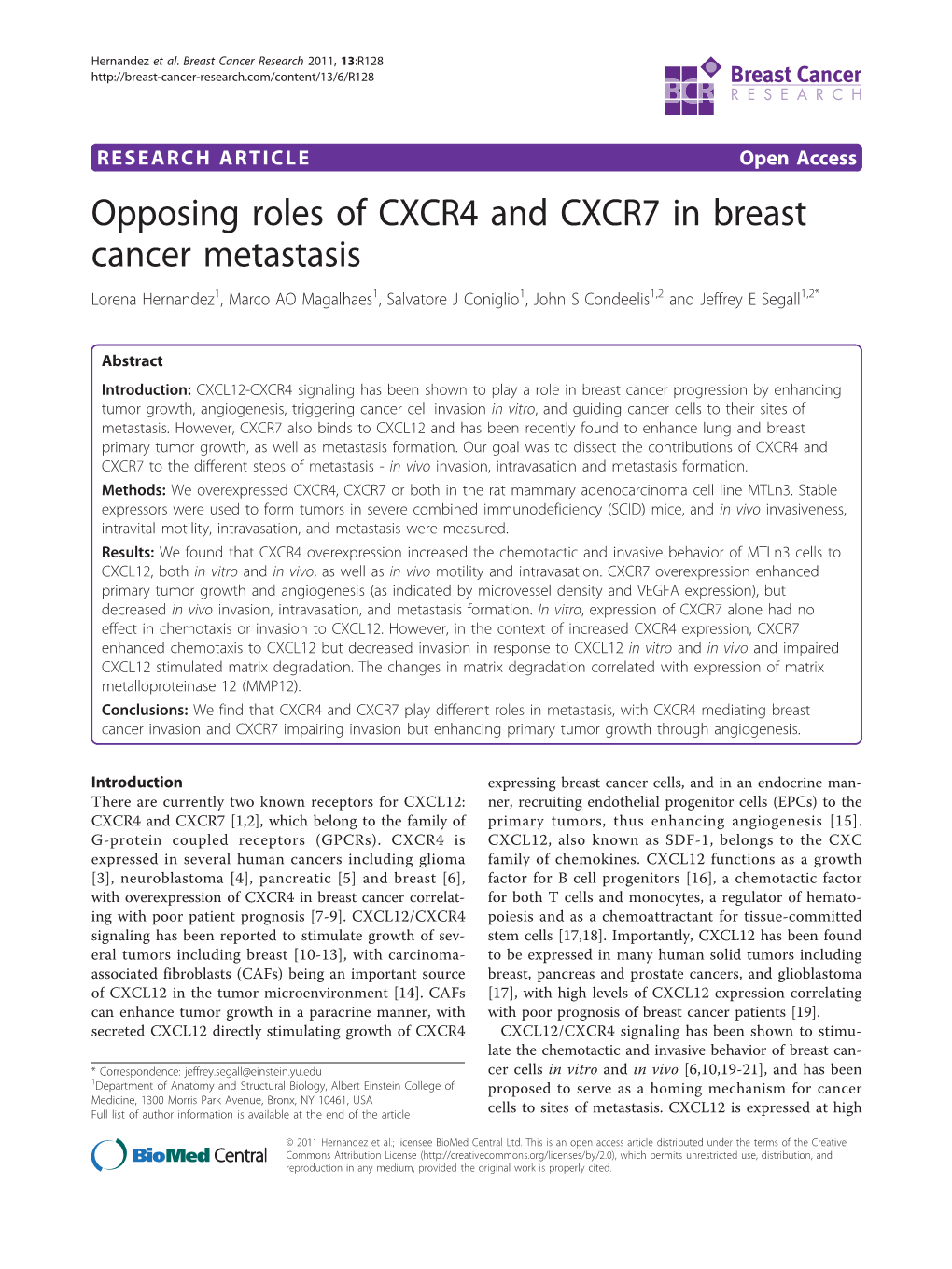 Opposing Roles of CXCR4 and CXCR7 in Breast Cancer Metastasis